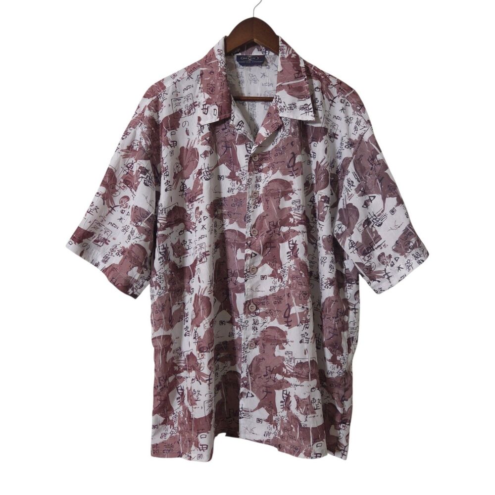 Japanese Y2K Rave Shirt XXL Mens Casual Hawaiian 90s Crinkle Graphic Print